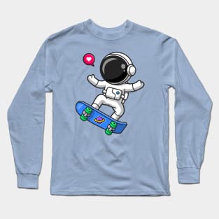 Cute Astronaut Playing Skateboard Cartoon Long Sleeve T-Shirt